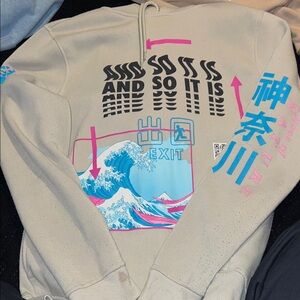 Graphic Japanese Wave Print Hoodie in Beige with Blue & Pink Accents